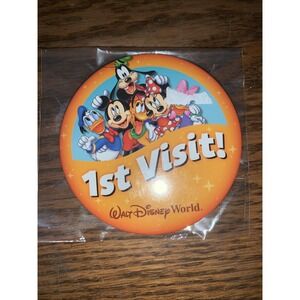 Disneyland First 1st Visit Pin Back Button Mickey Mouse Minnie Goofy Donald 3x3"